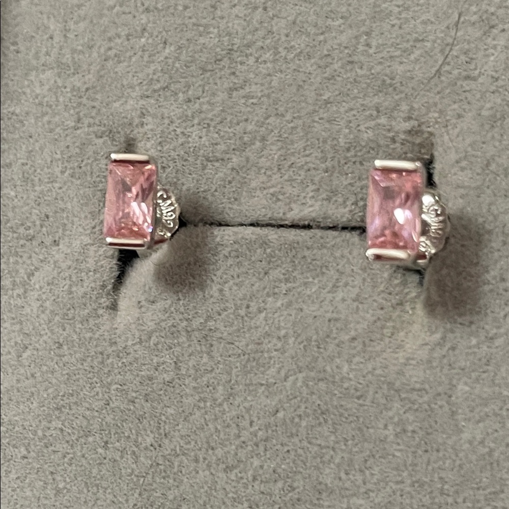 Diamonique Pink and Silver Stud Earrings - Picture 2 of 5